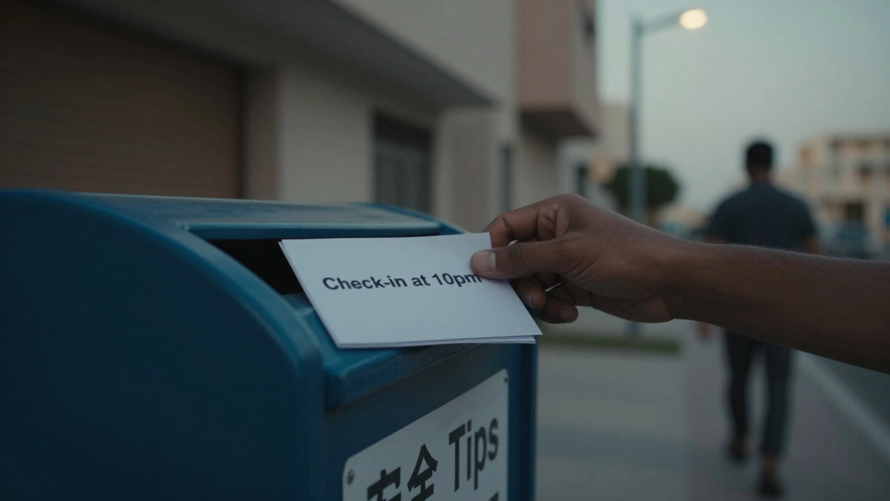 A hand placing a safety note into a community box outside a Dubai building, soft streetlamp glow highlighting the message.