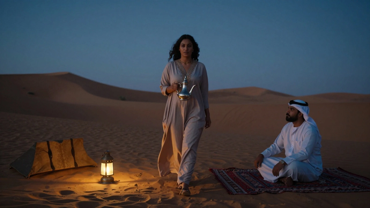 A woman in a flowing dress serves traditional coffee at a desert camp under stars, a man listens nearby.