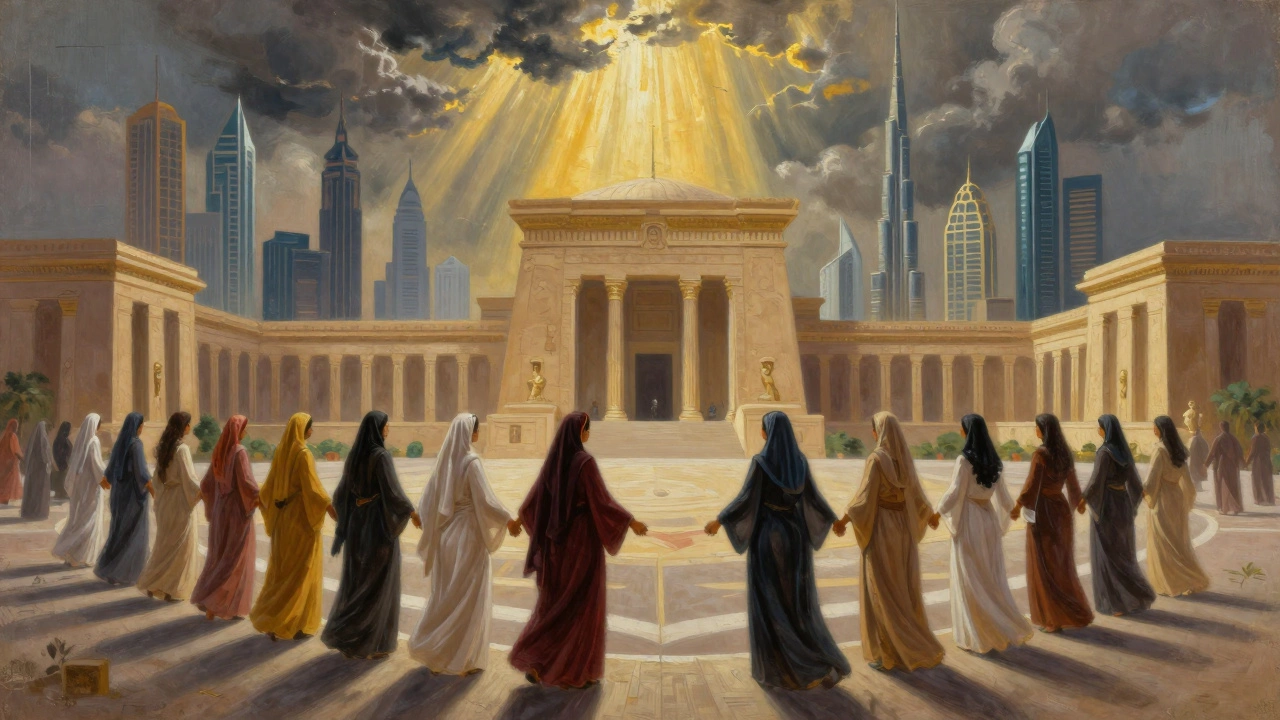 Ancient Babylonian temple merging with modern Dubai skyline, women standing together in solidarity under golden light.